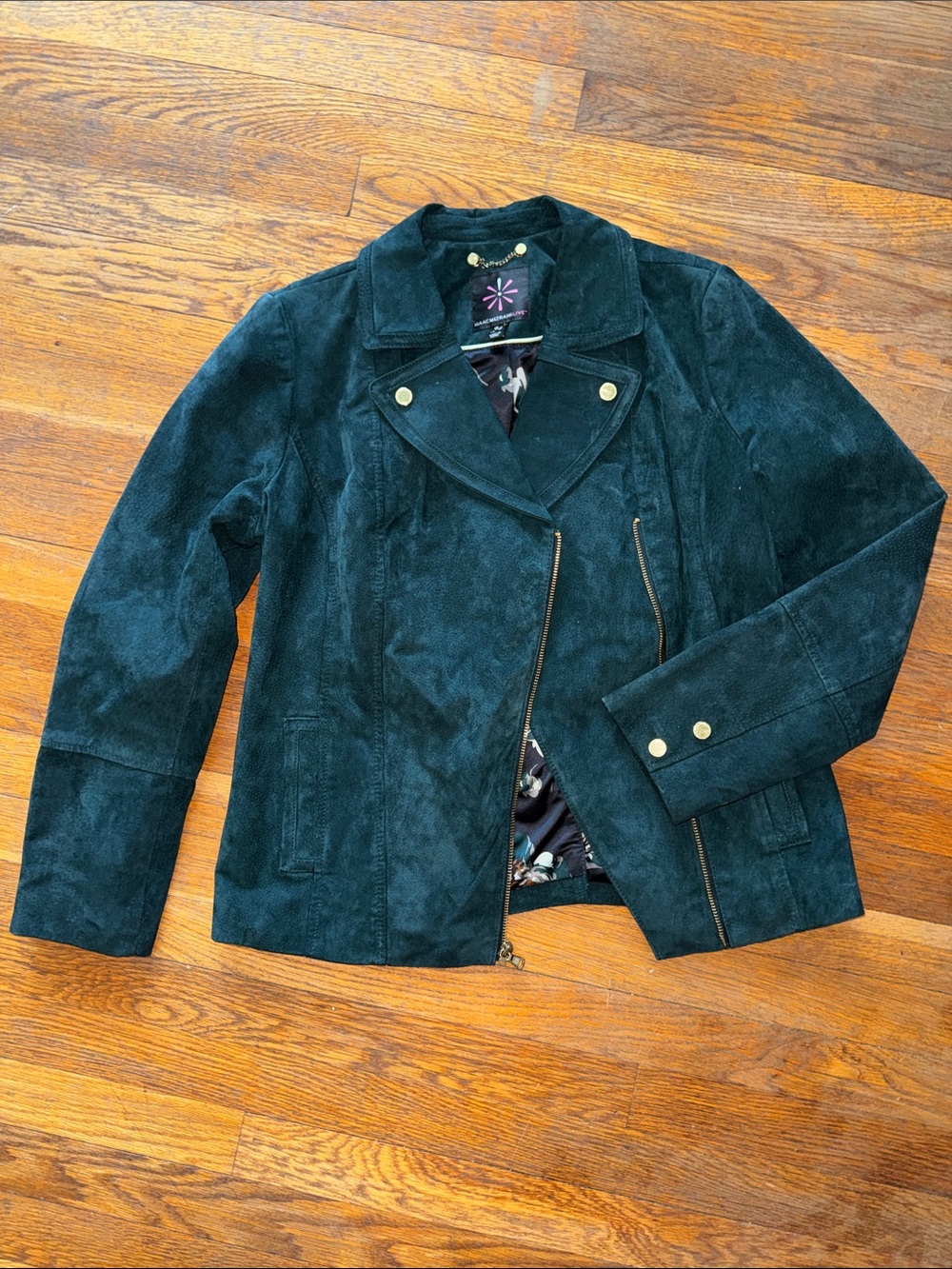 Isaac Mizrahi Emerald Suede Jacket with Gold Chain Detail